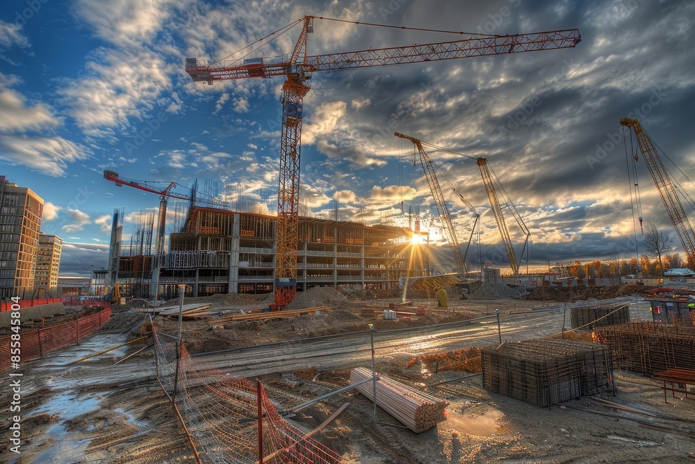 Aufkleber high quality image of dynamic construction site with cranes for enhanced search relevance