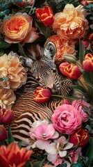 A baby zebra laying on top of a bed of flowers