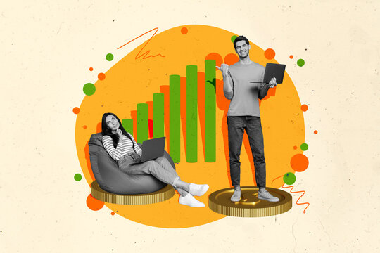 Trend artwork sketch image photo collage of workspace target rich hand hold earn money dollar young man lady work laptop sit beanbag team