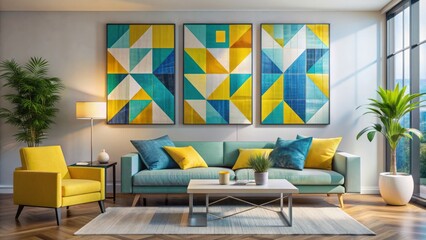 Vibrant abstract geometric art pieces feature yellow, blue, and cyan shapes in modern compositions, perfect for contemporary home decor, office spaces, or artistic expressions.