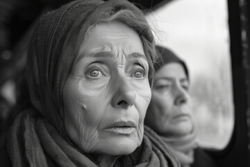 Fototapeta premium Elderly women in grayscale, expressing deep emotion on a journey