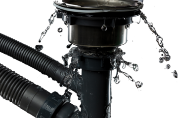 Drain sink leak water from pipe plumbing in bathroom as water splash clogged drop. Pouring Leaking water from gray plastic pipe drain sink. Black background isolated