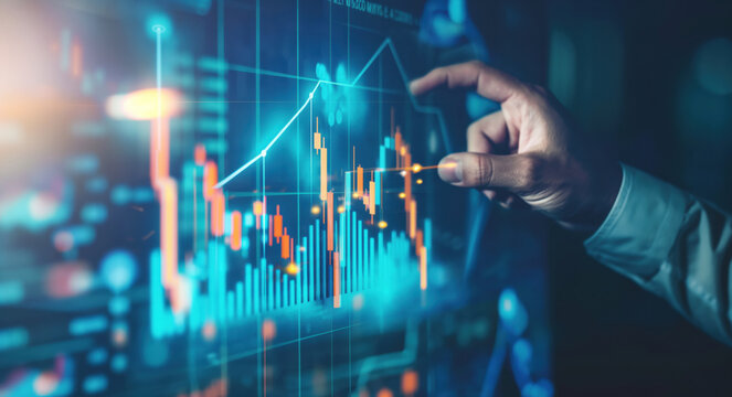 Uomo d'affari che tocca con la mano un grafico a linee ascendenti su uno schermo virtuale, concetto di crescita del business