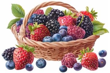 A colorful illustration of a basket overflowing with a variety of juicy berries, perfect for...