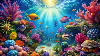 Vibrant and colorful of a whimsical underwater sea world, underwater, sea creatures, fish, coral, marine life, ocean