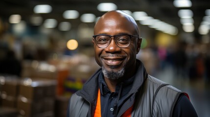 Portrait of happy african american men warehouse worker smiling at camera