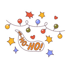 Colored Christmas garland with Santa Claus phrase Ho-ho-ho. Traditional Xmas decoration with colourful light bulbs. Holiday sparkles for New year. Flat isolated vector illustration on white background