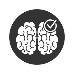 Health brain check icon, psychology doctor survey, good mind, knowledge tick, editable stroke vector illustration
