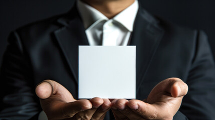 A man is holding a white card in his hand. The card is square and has no writing on it. The man is dressed in a suit and tie, giving the impression of professionalism and formality