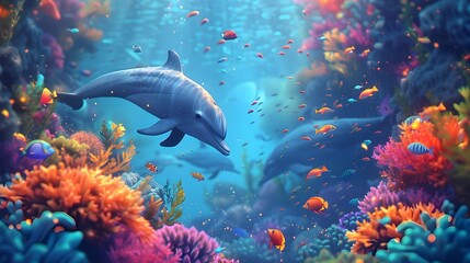Fototapeta premium Vibrant Underwater Scene with Playful Dolphins and Colorful Coral Reefs