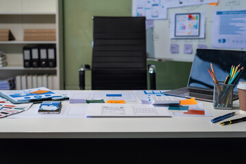 Workspace with desktop computer, office supplies, coffee cup at office. desk work concept.
