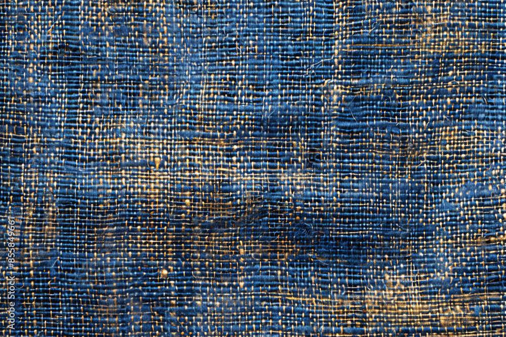 Poster close-up of dark blue woven fabric with visible fibers and intricate texture patterns