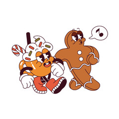 Obraz premium Funky Xmas characters in retro style walk together. Groovy Christmas gingerbread whistles melody. Comic cup of cocoa strolls. Winter holiday personages. Flat isolated vector illustration on white
