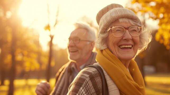 Elderly couple enjoying a sunny autumn day in the park, smiling and wearing warm clothing.
