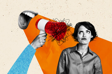 Creative abstract template collage of angry mouth scream bullying employee sad female unusual...