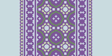 Folk embroidery cross stitch geometric floral pattern. Vector ethnic geometric floral shape seamless pattern. Folk floral embroidery pattern use for textile, home decoration elements, upholstery, etc.