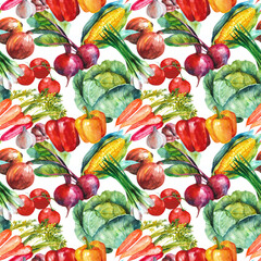 Watercolor hand painted vegetables seamless pattern. Food design illustration isolated on white