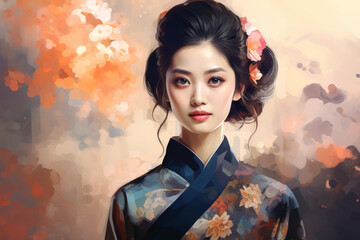 Unique digital illustration of an Asian woman in traditional attire, created through generative AI art.