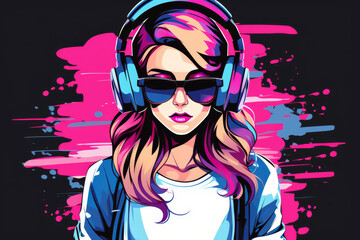 Stunning illustration of a teenage girl immersed in a virtual reality world with music, highlighting her isolated yet captivating presence.