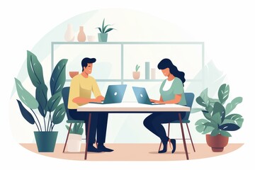 Fototapeta premium Two business owners collaborate in a modern office setting, exuding determination and success.