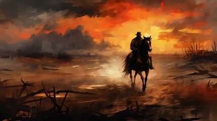 Witness a Spectral Figure Riding a Fiery Horse through an Apocalyptic Terrain under Ominous Skies and Cracked Earth.
