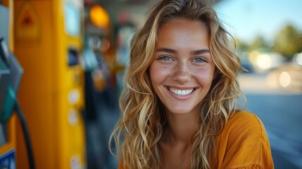 Fototapeta premium Smiling Woman Refilling Auto with Bio Fuel at Modern Petrol Station Outdoor,
