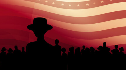 Fototapeta premium Patriotic scene of a woman in red hat holding American flag among a crowd in celebration. Symbolizes unity and national pride.