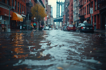 Flooded city street with view of bridge in background
