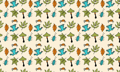 Seamless autumn background with color doodle illustrations. Vector seamless funny pattern with leaves, spiders, frog, mushrooms on a beige background.
