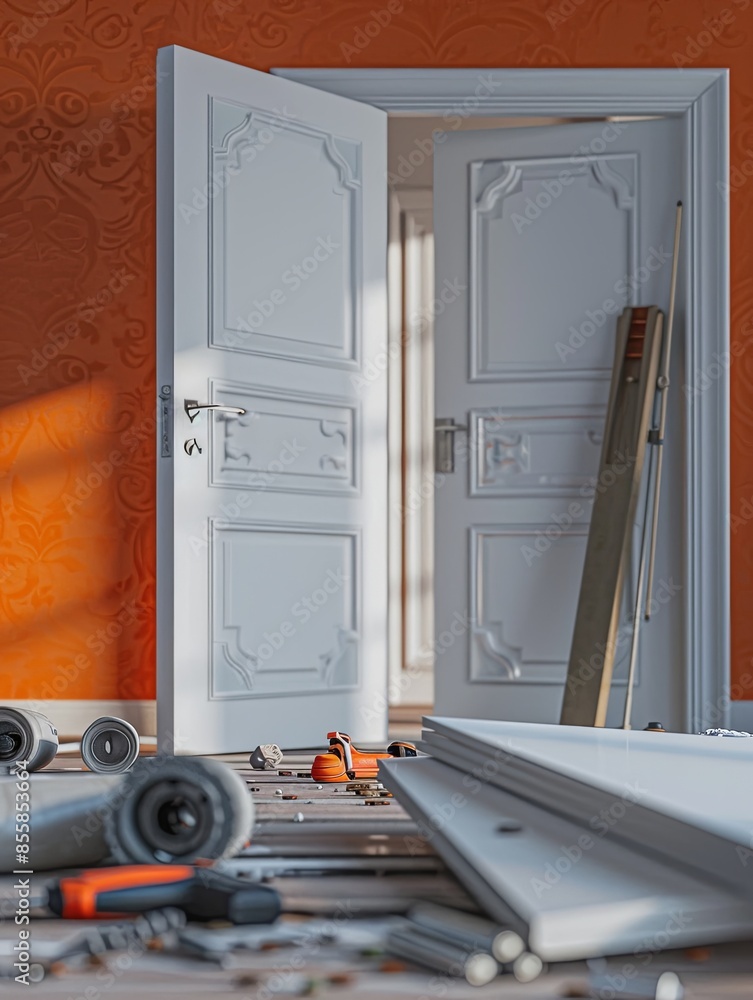 Poster A close-up of a door installation in progress, with workers using tools and materials to replace an old door. Generative AI