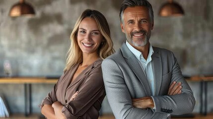 Successful happy businessman and businesswoman standing back to back with arms crossed and smiling at camera, office interior. Partnership concept 