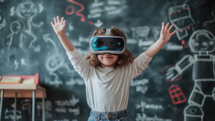 Innovative technology and education. Children studying with virtual reality headset in classroom. Blackboard background with chalk writing. Back to school concept.