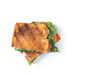 Healthy spinach, tomato and cheese sandwich isolated on white background. Top view. Copy space