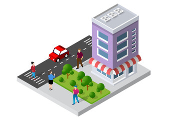 A small town surrounded by trees and a road, flat, isometric map, urban planning, suburban neighborhood. 3D illustration