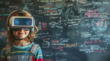 Innovative technology and education. Children studying with virtual reality headset in classroom. Blackboard background with chalk writing. Back to school concept.