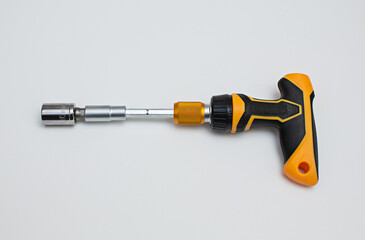 Screwdriver, wrench, block, white background, isolated