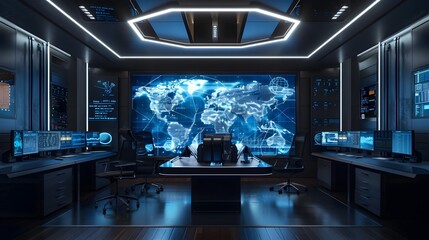 Fototapeta premium Futuristic Workspace with Sleek Tech Interfaces and Organized Furniture for Strategic Business