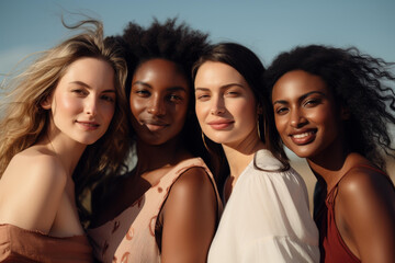 Obraz premium A collection of beautiful faces featuring smiling women from various races, nations, skin tones, and ages, promoting diversity and inclusivity.