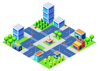 A small town surrounded by trees and a road, flat, isometric map, urban planning, suburban neighborhood. 3D illustration