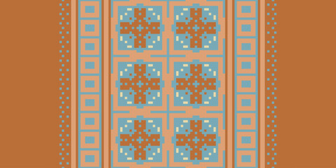 Folk embroidery cross stitch geometric floral pattern. Vector ethnic geometric floral shape seamless pattern. Folk floral embroidery pattern use for textile, home decoration elements, upholstery, etc.