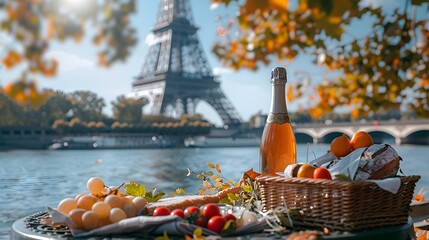 Romantic Picnic by the Eiffel Tower with Elegant Autumn Scenery and Idyllic Ambiance