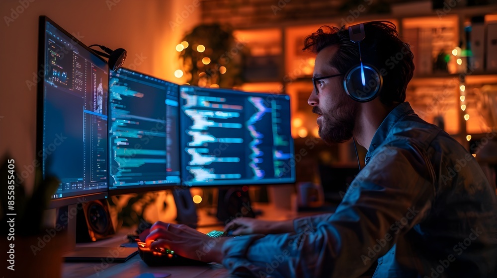 Poster collaborative coding workspace with dual monitors and intense focus