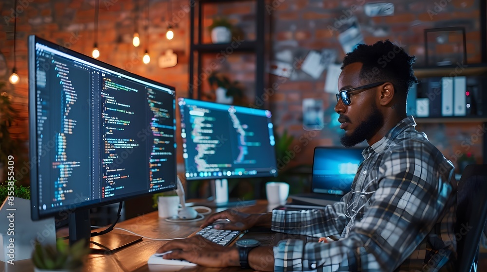 Poster team of developers coding together in collaborative workspace with dual monitors