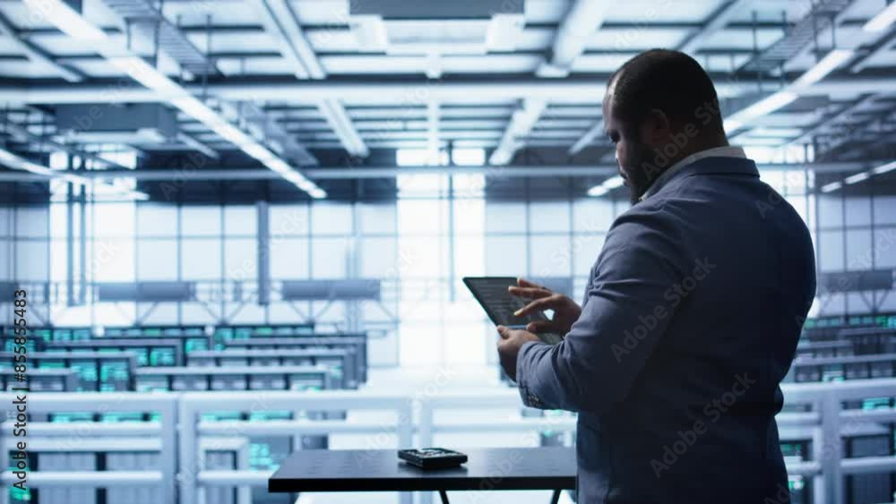 Poster system administrator in server room establishment installing newly ordered storage unit. software de