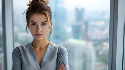 Fototapeta premium Confident Businesswoman Overlooking Dynamic Cityscape in Modern Office