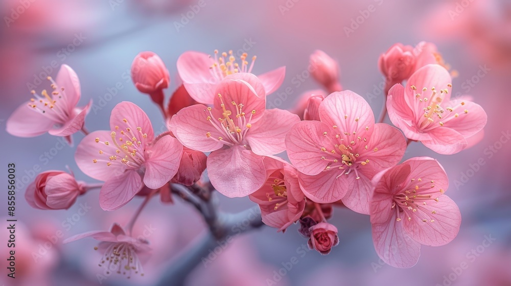 Poster Close-up of cherry blossom tree branches laden with fully opened flowers, showcasing intricate details of petals and buds in various stages of bloom. Soft focus background adds depth and enhances the