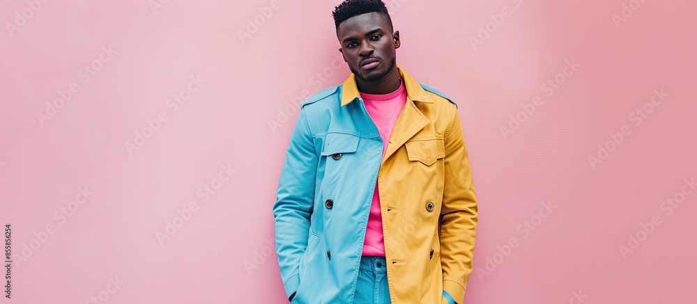 Poster Man in fashion concept isolated on pastel background. with copy space image. Place for adding text or design