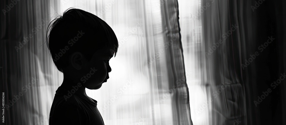 Poster Blurry background Silhouette sad boy crying at window, black and white. Copy space image. Place for adding text or design