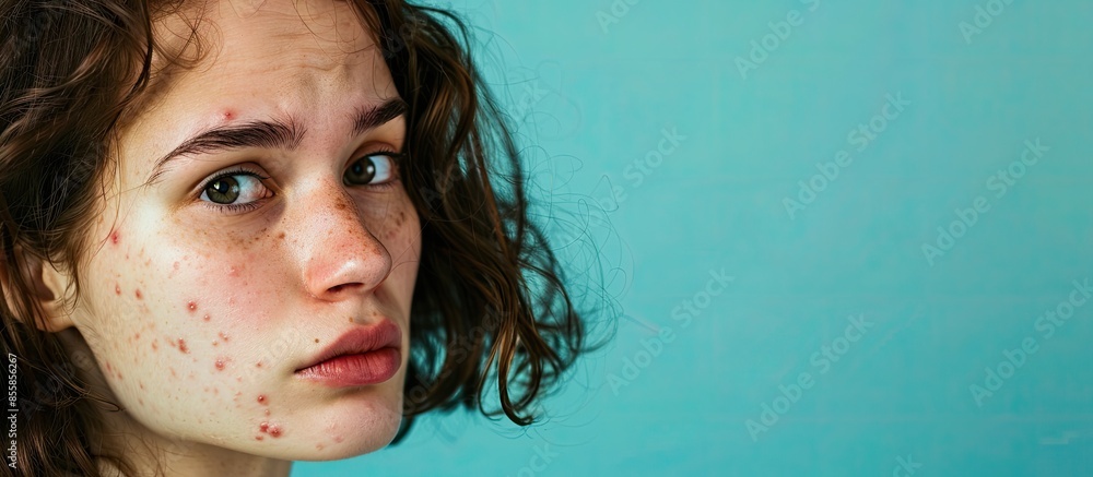 Poster Bad skin problems. Woman with pimples and wrinkles. pastel background. with copy space image. Place for adding text or design