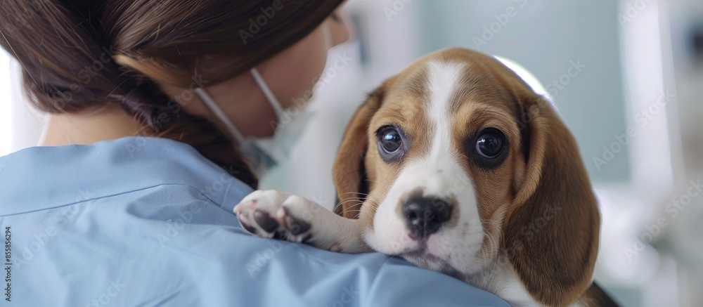 Poster beagle puppy dog being carried by nurse or vet tech woman. with copy space image. place for adding t